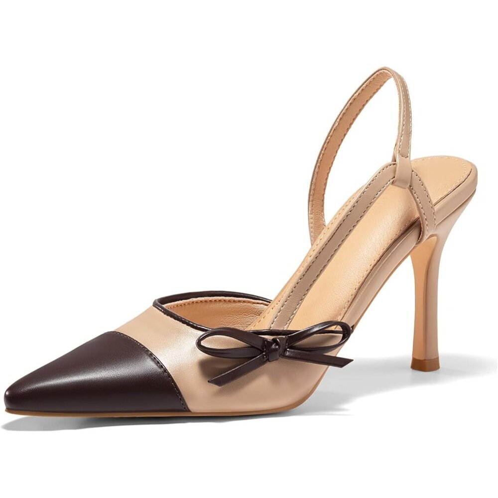 Women's Nude Slingback High Heels Bow Tie Closed Pointed Toe Sexy Stiletto Shoes